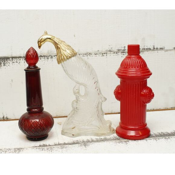 Avon Bottles Set of 3 Bird, Red Glass, Fire Hydrant  EMPTY - Picture 1 of 3